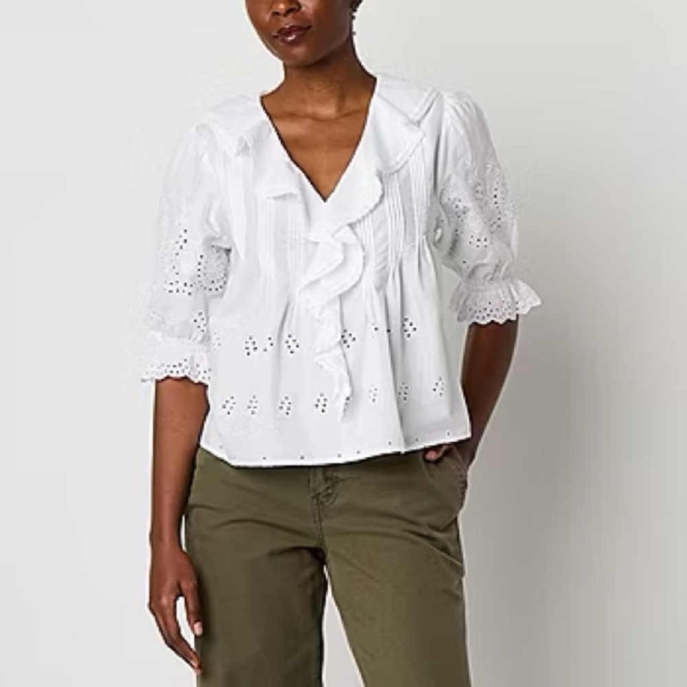 a.n.a White Eyelet Ruffle Peasant Blouse Women’s 1X Boho Style. NWT